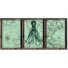 Octopus, Vintage Ship Route Map, Lord Bodner, Nautical, Ocean Life, Metal Triptych, Optional Rustic Wood Frame, Wall Art