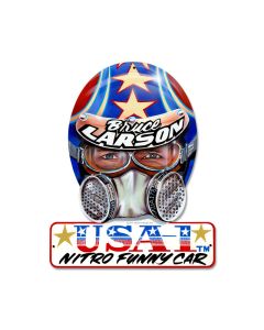 Bruce Larson USA, Automotive, Helmet Metal Sign, 12 X 15 Inches