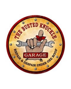 Busted Knuckle Garage, Automotive, Round Metal Sign, 14 X 14 Inches