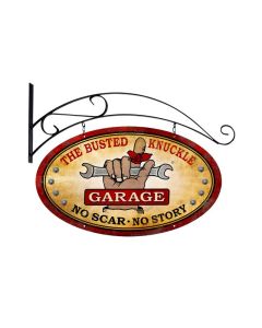 Busted Knuckle Garage, Automotive, Double Sided Oval Metal Sign with Wall Mount, 24 X 14 Inches