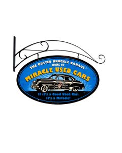 Miracle Used Cars, Automotive, Double Sided Oval Metal Sign with Wall Mount, 24 X 14 Inches