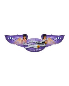 P-38 Lightning, Pinup Girls, Winged Oval Metal Sign, 10 X 35 Inches