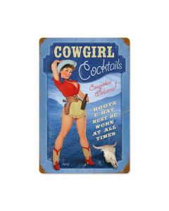 Cowgirl Cocktails, Pinup Girls, Vintage Metal Sign, 18 X 12 Inches