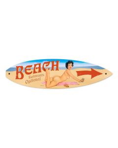 Nude Beach, Pinup Girls, Surfboard Metal Sign, 22 X 6 Inches