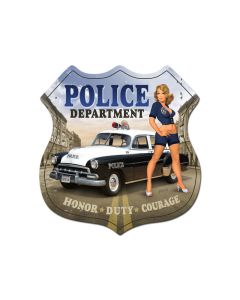 Police Department, Pinup Girls, Shield Metal Sign, 15 X 15 Inches