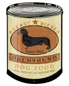 Dachshund Greasy Wiener Dog Food, Wall Decor, 100% Beef, Can Metal Sign