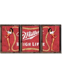 Beer Miller High Life Wall Art, Triptych METAL Sign, Optional Reclaimed Barn Wood Frame