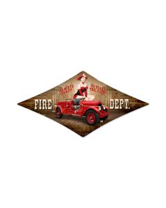 Fire Department, Pinup Girls, Diamond Metal Sign, 14 X 24 Inches