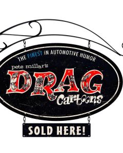Drag Cartoons, Automotive, Double Sided Oval Metal Sign with Wall Mount, 14 X 24 Inches