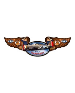 Thunderbolt, Aviation, Winged Oval Metal Sign, 10 X 35 Inches
