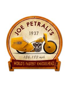 Joe Petrali, Motorcycle, Round Banner Metal Sign, 15 X 16 Inches