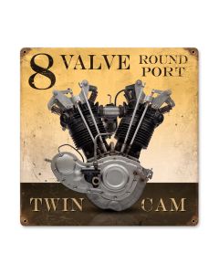 8 Valve Round Port, Motorcycle, Vintage Metal Sign, 12 X 12 Inches