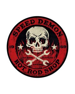 Speed Demon red skull 28ƒ?, Automotive, Round Metal Sign, 28 X 28 Inches