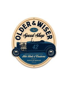 Older and Wiser Speed Shop vintage blue round 27ƒ?, Automotive, Custom Metal Shape, 24 X 27 Inches