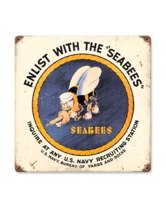Seabees, Allied Military, Vintage Metal Sign, 12 X 12 Inches