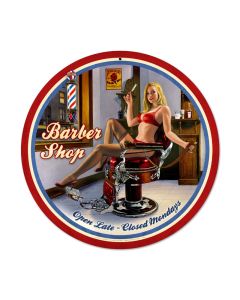 Barber Shop, Pinup Girls, Round Metal Sign, 28 X 28 Inches