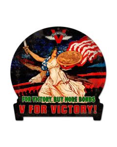 V for Victory, Allied Military, Round Banner Metal Sign, 15 X 16 Inches