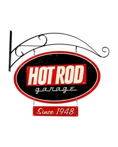 Hot Rod Garage, Automotive, Double Sided Oval Metal Sign with Wall Mount, 24 X 14 Inches