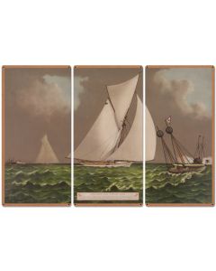 Nearing The Finish Line, The America's Cup, Volunteer, Currier & Ives 1887, Triptych Metal Sign, Americana, Wall Decor, Wall Art 54"x36"
