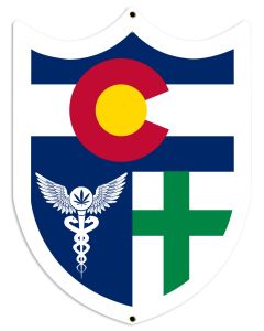 Colorado Flag, Green Cross, Medical Marijuana, Cannabis,  Shield, Wall Decor, Cannabis Dispensary Decor, Man Cave Sign, Metal Sign 18"x24"