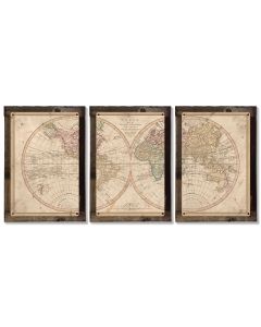 Vintage World Map, 1807, Triptych METAL Sign, Americana, Wall Decor, Globe Wall Art , Optional Reclaimed Barn-wood Frame