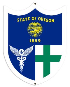 Oregon Flag, Green Cross, Medical Marijuana, Cannabis,  Shield, Wall Decor, Cannabis Dispensary Decor, Man Cave Sign, Metal Sign 18"x24"