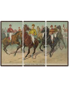Eager For The Race, Seven Jockeys Currier & Ives 1893, Horse Races, Triptych Metal Sign, Americana, Wall Decor, Wall Art 54"x36"