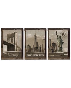 New York City, Skyline, Landmarks Brooklyn Bridge, Statue of Liberty , METAL Triptych, Optional Rustic Wood Frame, Wall Art