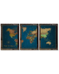 Vintage World Map, Accurate, Triptych METAL Sign, Travel, Wall Decor, Globe Wall Art , Optional Reclaimed Barn Wood Frame