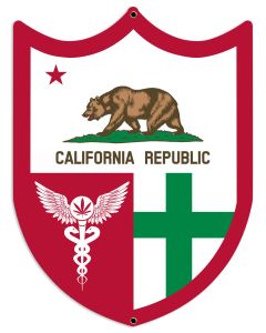 California Flag, Green Cross, Medical Marijuana, Cannabis,  Shield, Wall Decor, Cannabis Dispensary Decor, Man Cave Sign, Metal Sign 18"x24"