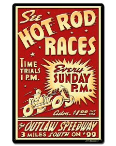 1950's Hot Rod Races Vintage Sign, Automotive, Metal Sign, Wall Art, 16 X 24 Inches