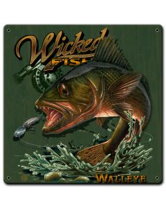 Walleye Wicked Fishing Vintage Sign, Barn and Country, Metal Sign, Wall Art, 12 X 12 Inches