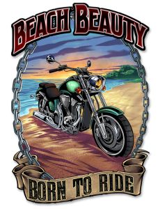 Motorcycle on the Beach, Roadside Attractions, Metal Sign, Wall Art, 12 X 18 Inches