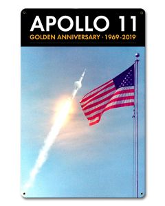 Apollo 11 50th Anniversary Saturn V and the Flag Black Metal Sign Vintage Sign, Aviation, Metal Sign, Wall Art, 12 X 18 Inches