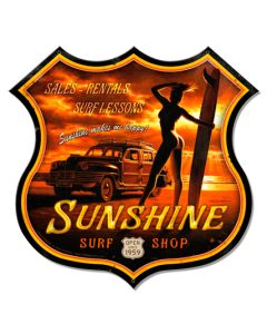 Sunshine Surf Vintage Sign, Pinup Girls, Metal Sign, Wall Art, 16 X 15 Inches