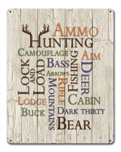 Hunting Fishing Word Collage Vintage Sign, Barn and Country, Metal Sign, Wall Art, 12 X 15 Inches
