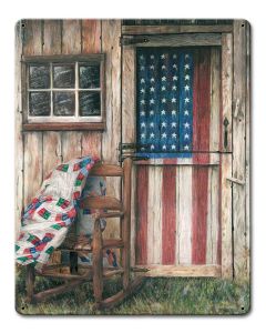 American Flag Rocking Chair Vintage Sign, Automotive, Metal Sign, Wall Art, 12 X 15 Inches