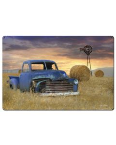 Blue Truck Windmill Vintage Sign, Automotive, Metal Sign, Wall Art, 36 X 24 Inches