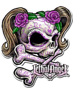 LETH191 - LETHAL ANGEL SKULL PINK FLOWERS, Man Cave, Metal Sign, Wall Art, 19 X 17 Inches