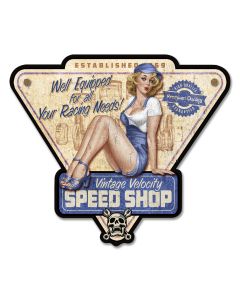 LETH201 - SPEED SHOP PIN UP, Man Cave, Metal Sign, Wall Art, 23 X 20 Inches