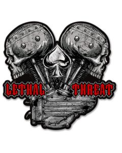 LETH202 - LETHAL THREAT V TWIN SKULLS, Man Cave, Metal Sign, Wall Art, 21 X 19 Inches