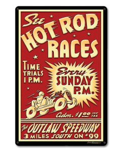1950's Hot Rod Races Vintage Sign, Automotive, Metal Sign, Wall Art, 12 X 18 Inches