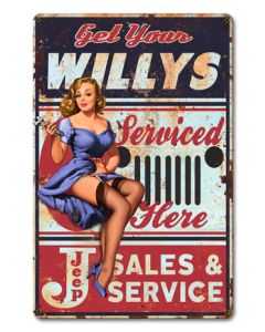 Willys Serviced Here Vintage Sign, Other, Metal Sign, Wall Art, 12 X 18 Inches