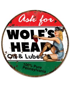 Wolf's Head Oil Vintage Sign, Other, Metal Sign, Wall Art, 14 X 14 Inches