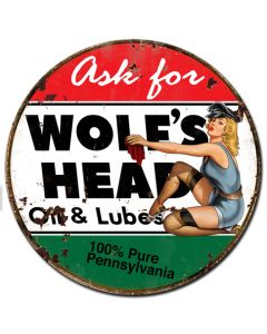 Wolf's Head Gasoline Vintage Sign, Oil & Petro, Metal Sign, Wall Art, 24 X 24 Inches