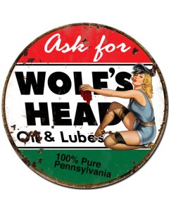 Wolf's Head Gasoline Vintage Sign, Oil & Petro, Metal Sign, Wall Art, 30 X 30 Inches