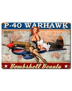 P-40 Warhawk Pinup Vintage Sign, Other, Metal Sign, Wall Art, 24 X 16 Inches