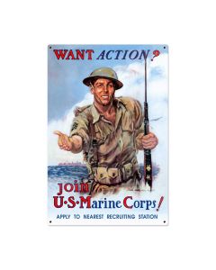 Want Action? Vintage Sign, Military, Metal Sign, Wall Art, 24 X 36 Inches