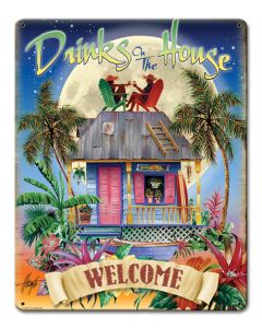 Drinks On The House Vintage Sign, Oil & Petro, Metal Sign, Wall Art, 15 X 12 Inches