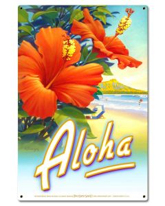 Aloha Hibiscus Vintage Sign, Oil & Petro, Metal Sign, Wall Art, 16 X 24 Inches